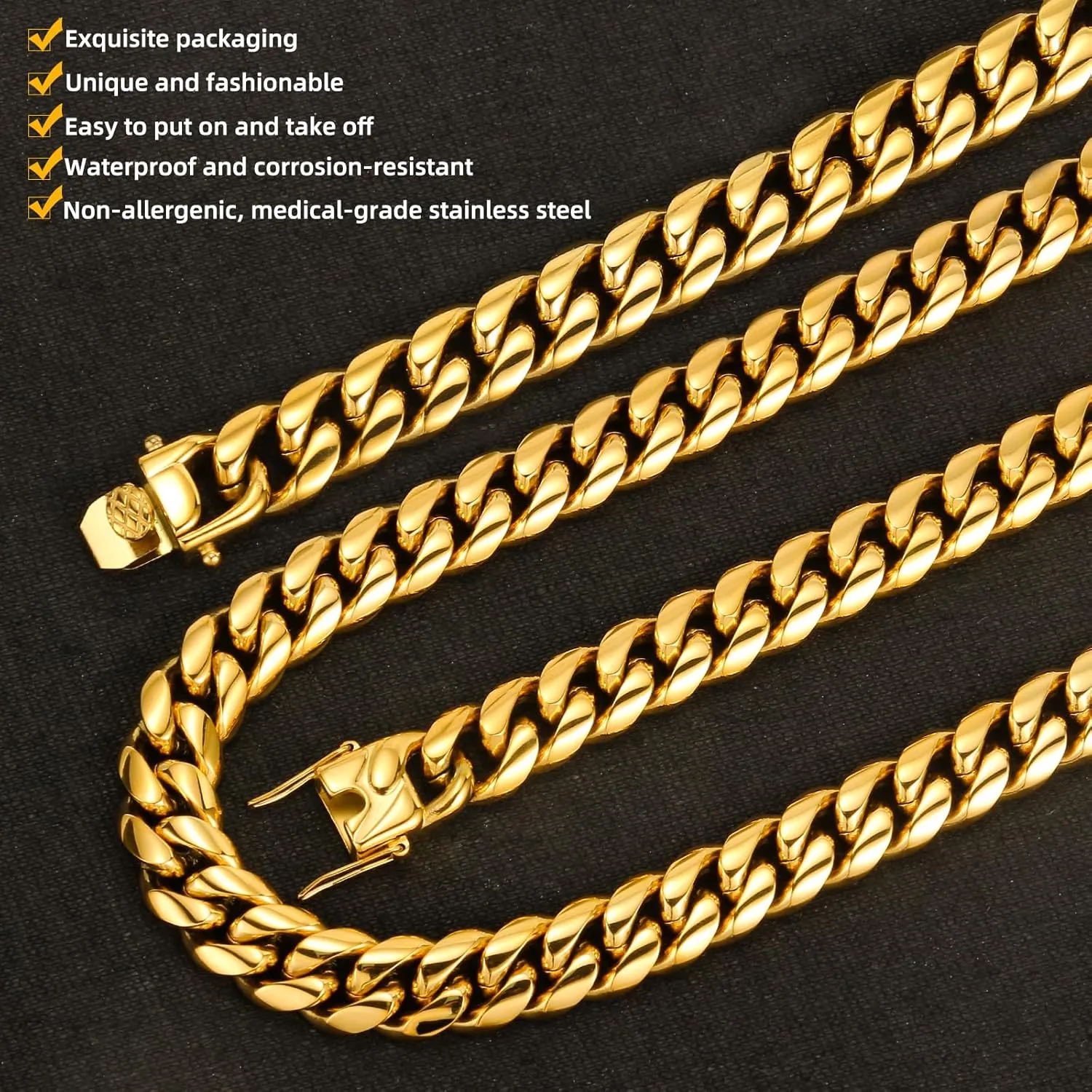 XXMAYSTAR Miami Cuban Link Chain for Men- 316L Stainless Steel 12MM Width Fashion Glossy Buckle Hip Hop Jewelry,Thick Chain for men 18K Gold Plated/Silver with Gift Box