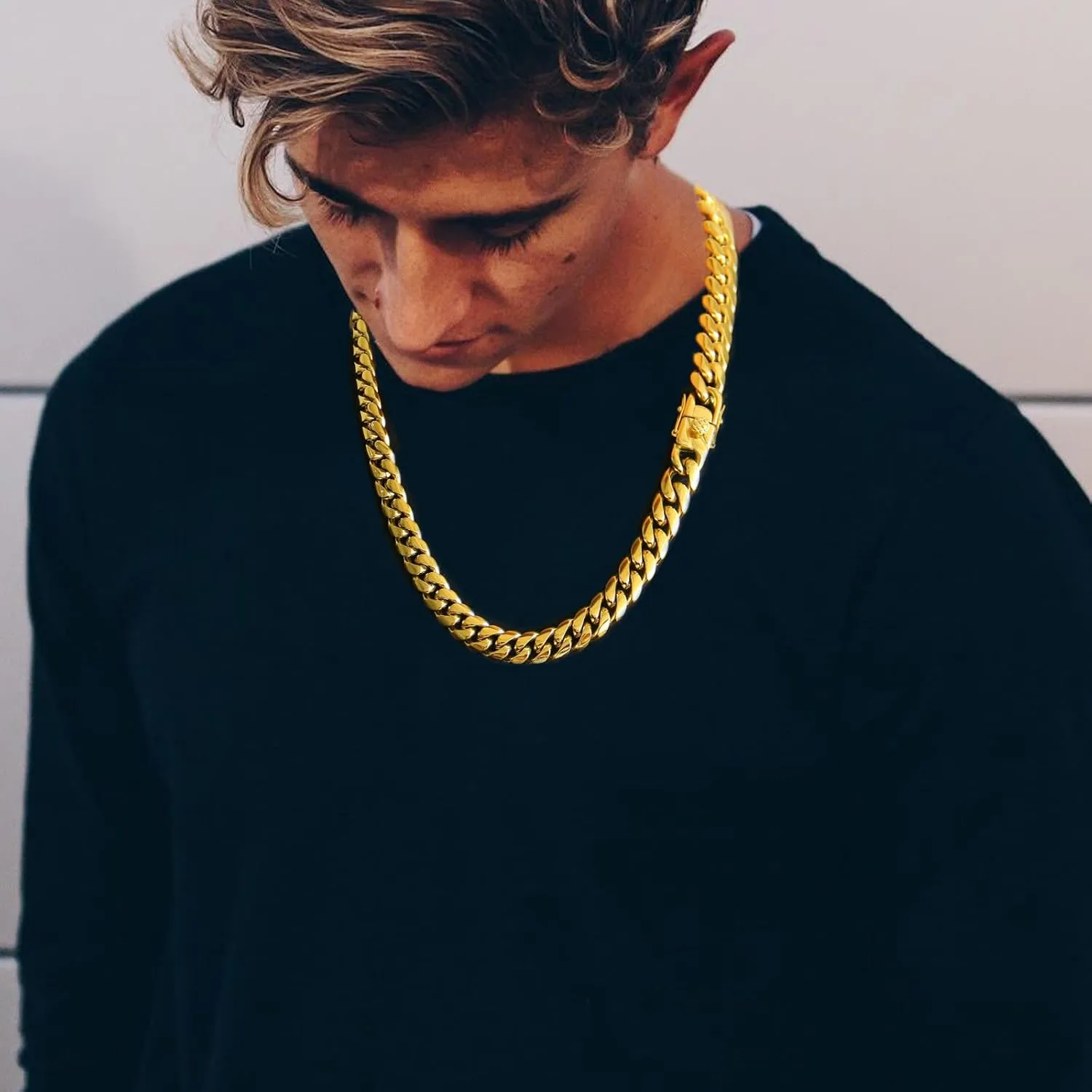 XXMAYSTAR Miami Cuban Link Chain for Men- 316L Stainless Steel 12MM Width Fashion Glossy Buckle Hip Hop Jewelry,Thick Chain for men 18K Gold Plated/Silver with Gift Box