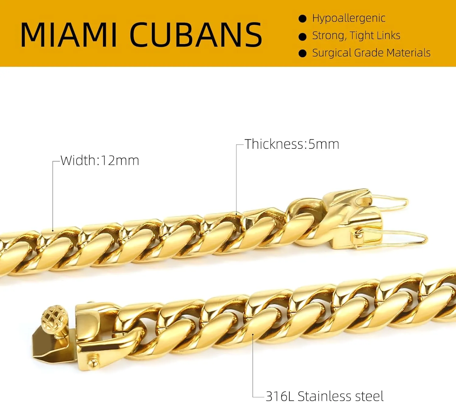 XXMAYSTAR Miami Cuban Link Chain for Men- 316L Stainless Steel 12MM Width Fashion Glossy Buckle Hip Hop Jewelry,Thick Chain for men 18K Gold Plated/Silver with Gift Box