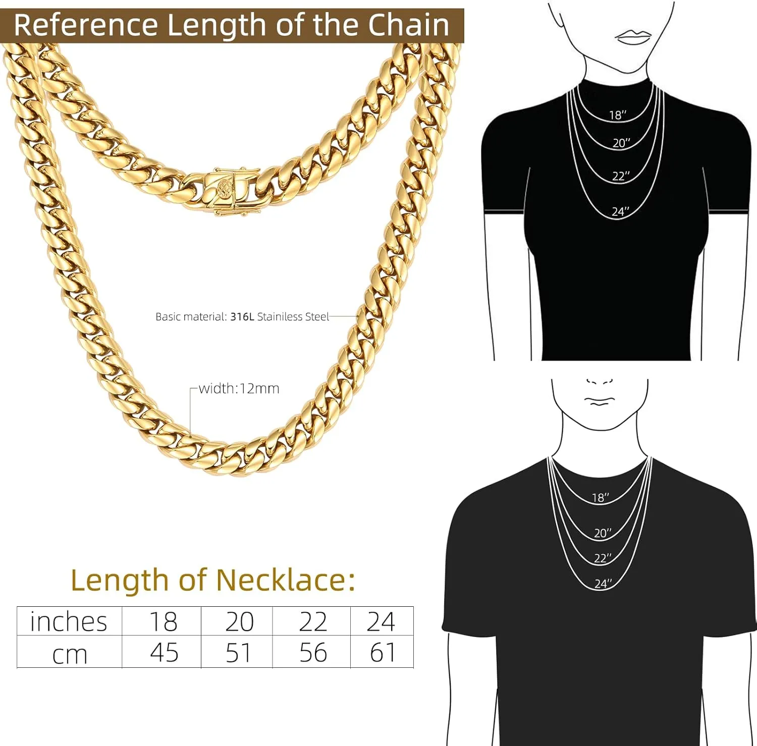 XXMAYSTAR Miami Cuban Link Chain for Men- 316L Stainless Steel 12MM Width Fashion Glossy Buckle Hip Hop Jewelry,Thick Chain for men 18K Gold Plated/Silver with Gift Box