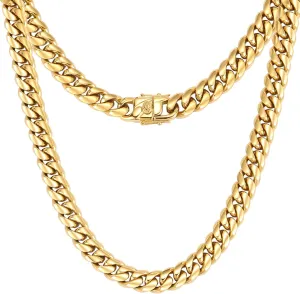 XXMAYSTAR Miami Cuban Link Chain for Men- 316L Stainless Steel 12MM Width Fashion Glossy Buckle Hip Hop Jewelry,Thick Chain for men 18K Gold Plated/Silver with Gift Box