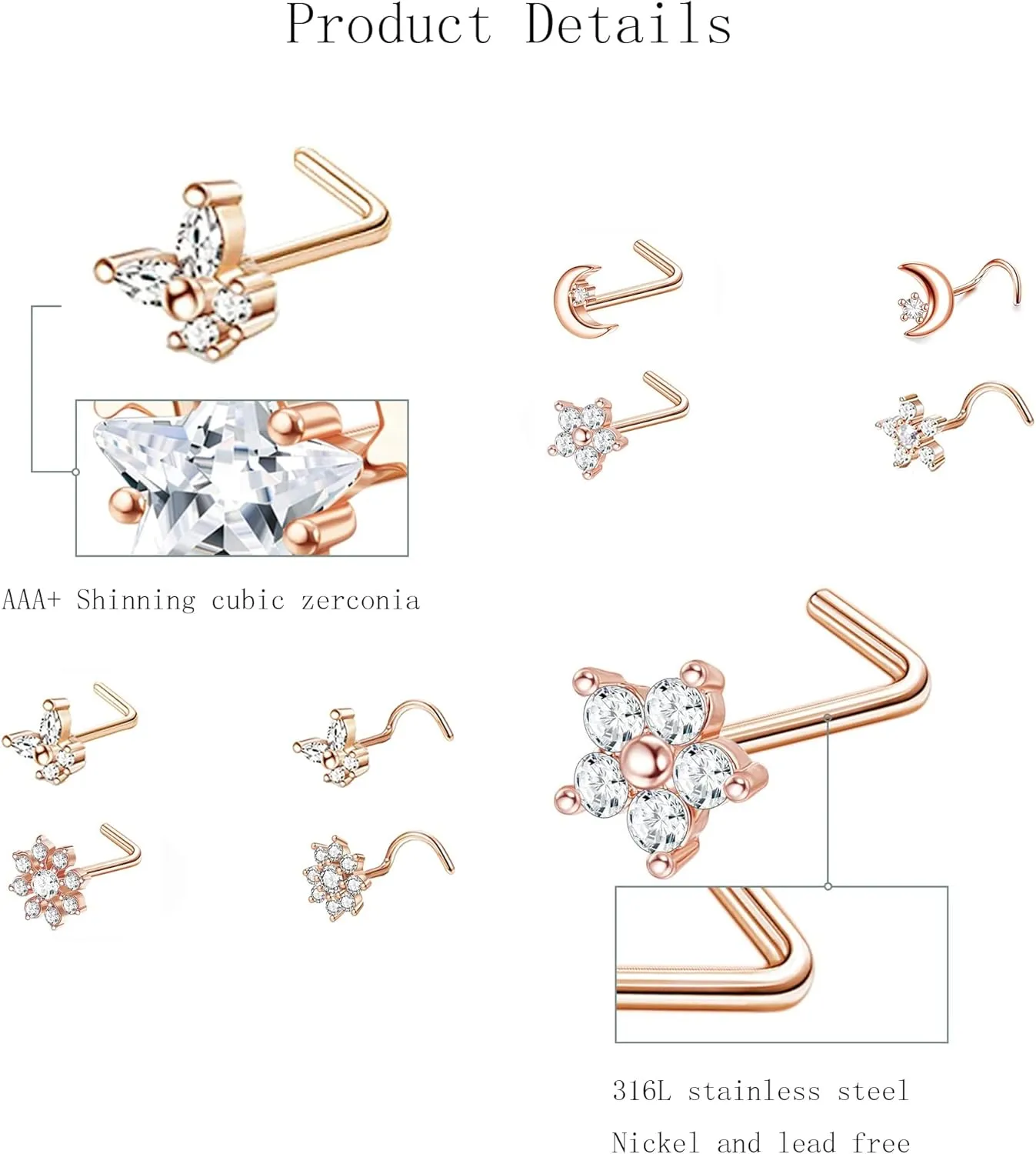 YACHY 8Pcs 20G 316L Stainless Steel Cute L S Shaped Nose Studs CZ Round Butterfly Flower Nose Rings Daisy Snowflake Star Moon Screw Nose Rings Small Body Piercing Jewelry for Women Men
