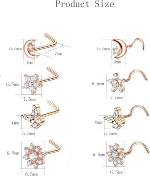 YACHY 8Pcs 20G 316L Stainless Steel Cute L S Shaped Nose Studs CZ Round Butterfly Flower Nose Rings Daisy Snowflake Star Moon Screw Nose Rings Small Body Piercing Jewelry for Women Men