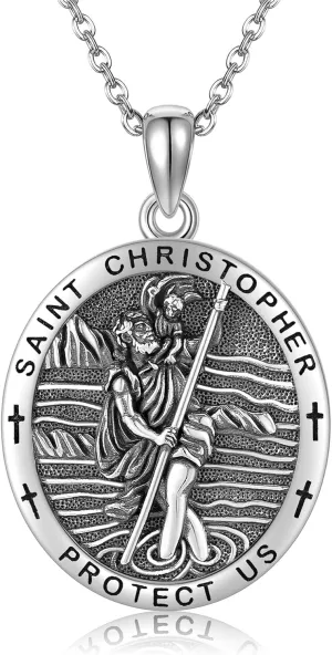 YAFEINI St. Christopher Necklace 925 Sterling Silver Catholic Medallions Saint Christopher Pendant Protection Amulet Pendant Religious Jewelry For Men Women