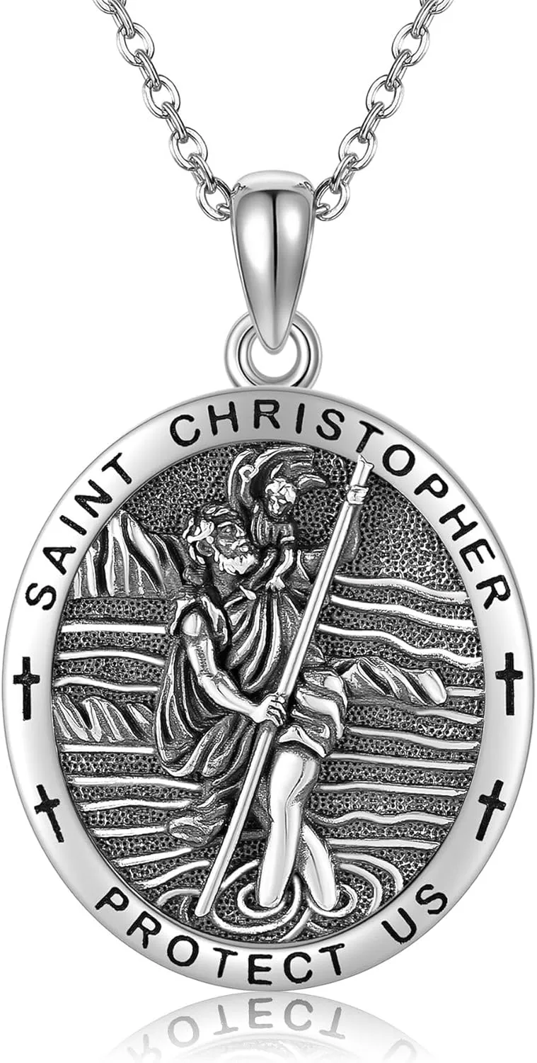 YAFEINI St. Christopher Necklace 925 Sterling Silver Catholic Medallions Saint Christopher Pendant Protection Amulet Pendant Religious Jewelry For Men Women