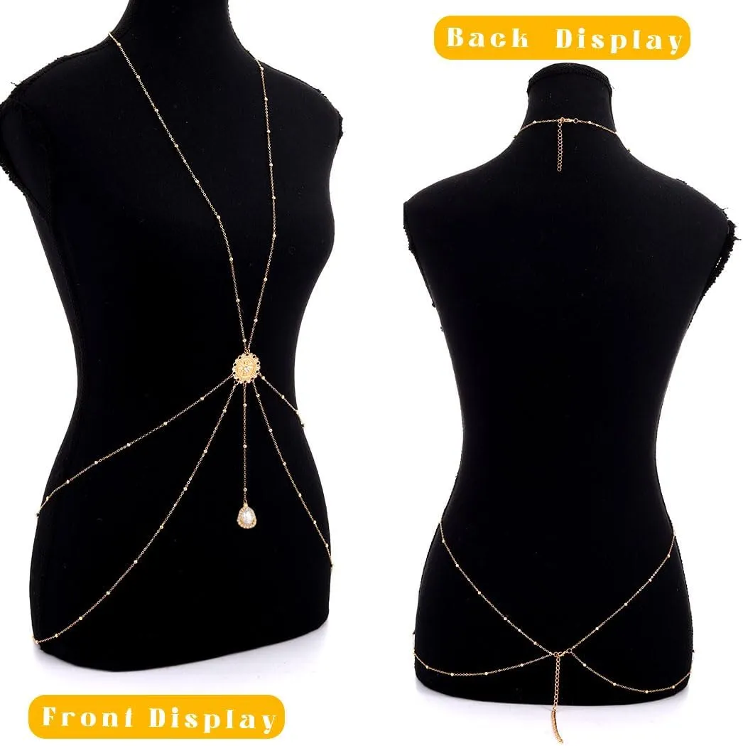 Yalice Rhinestone Body Chain for Women Gold Beaded Belly Waist Chains Bra with Coin Summer Beach Body Jewelry