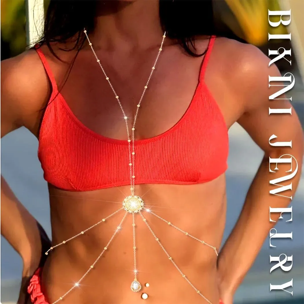 Yalice Rhinestone Body Chain for Women Gold Beaded Belly Waist Chains Bra with Coin Summer Beach Body Jewelry