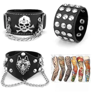 YARIEW 3 Pieces Spiked Studded Bracelet Rivet Punk Bracelet Leather Cuff Bracelet Biker Rocker 80s Costumes for Men Women Adjustable Halloween Christmas Party Favors Accessories