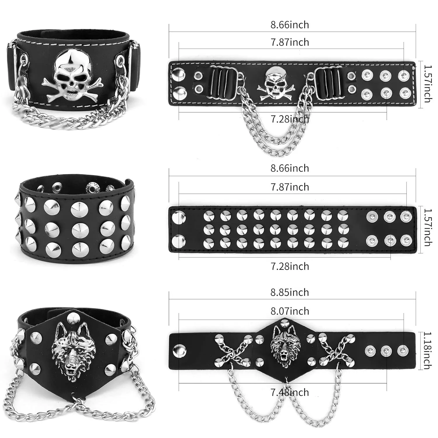 YARIEW 3 Pieces Spiked Studded Bracelet Rivet Punk Bracelet Leather Cuff Bracelet Biker Rocker 80s Costumes for Men Women Adjustable Halloween Christmas Party Favors Accessories
