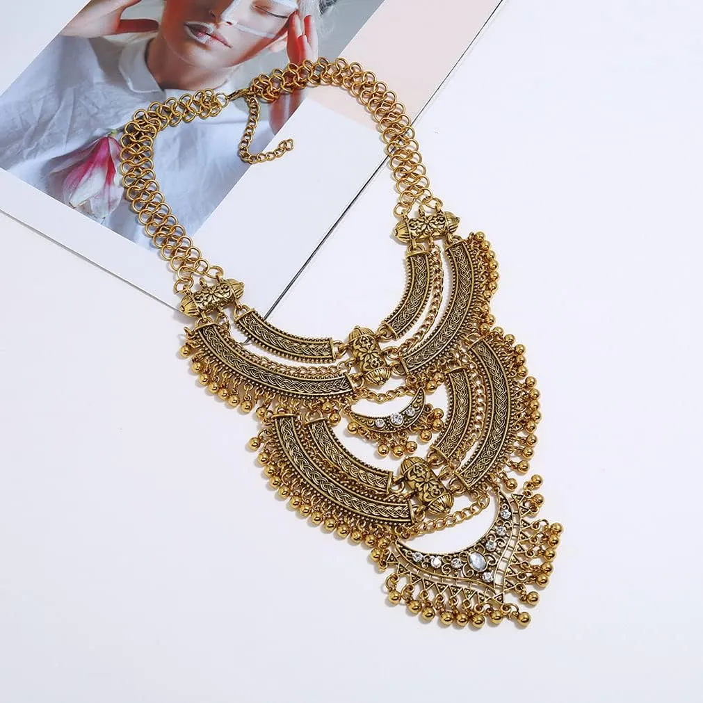 YAZILIND Clavicle Chunky Bib Necklace Layered Tassels Rhinestone Exaggerated Vintage Ethnic Long Engraved Bohemian Statement