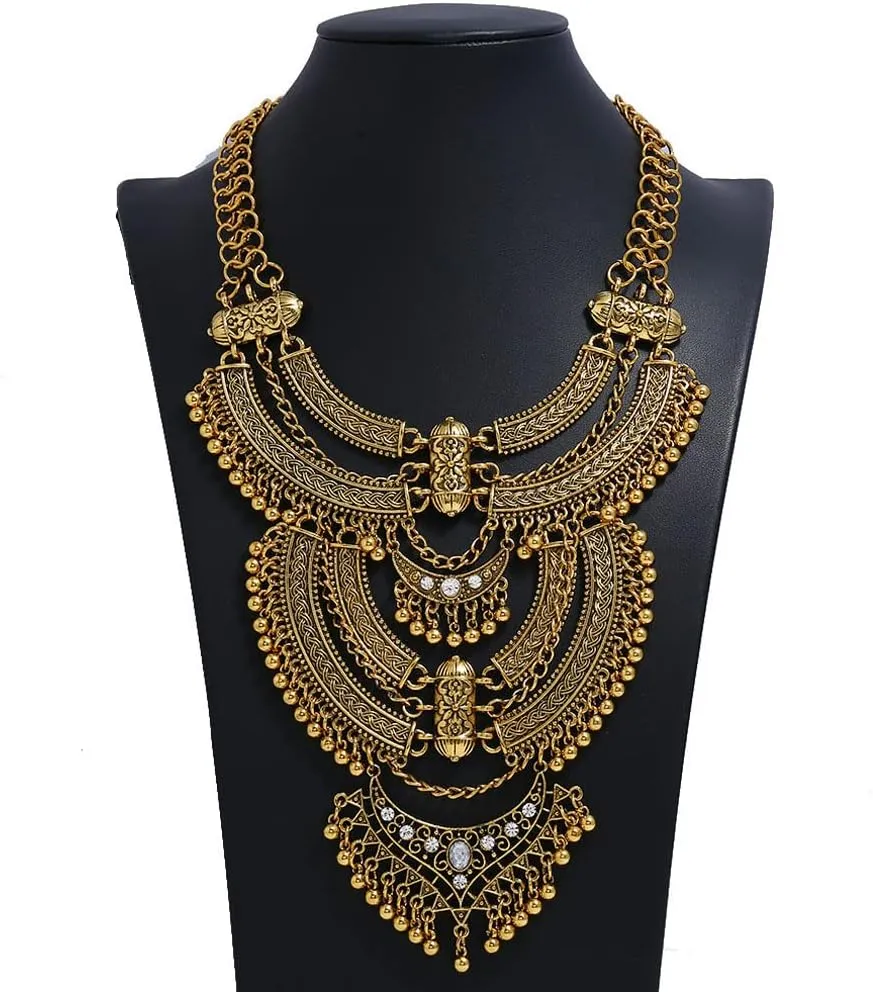 YAZILIND Clavicle Chunky Bib Necklace Layered Tassels Rhinestone Exaggerated Vintage Ethnic Long Engraved Bohemian Statement