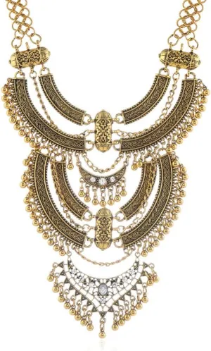 YAZILIND Clavicle Chunky Bib Necklace Layered Tassels Rhinestone Exaggerated Vintage Ethnic Long Engraved Bohemian Statement