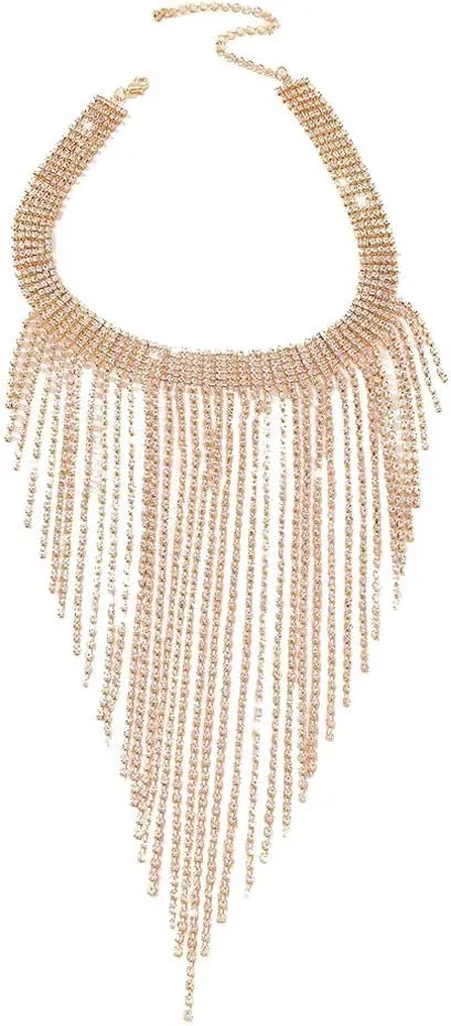YAZILIND Women's Rhinestone Tassel Luxury Long Necklace Exaggerated Nightclub Style Jewelry Vintage Back Accessories