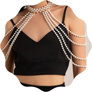 YERTTER Gold Body Chain Choker Shoulder Body Jewelry Shoulder Necklace Faux Pearl Bikini Body Pearl Bra Chains for Women Fashion for Wedding Party