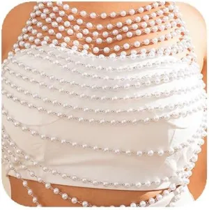 YERTTER Pearl Body Chain Top Body Jewelry Shoulder Necklace Pearl Bikini Body Pearl Bra Chains for Women Fashion for Wedding Party, Large, silver