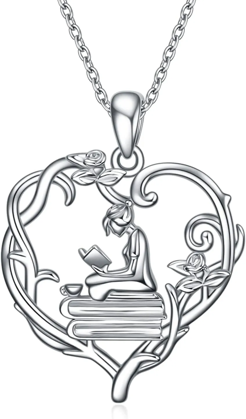 YFN 925 Sterling Silver Book Lover Necklace Reading Pendant for Women Graduation Gift Jewelry for Student Friends Classmate