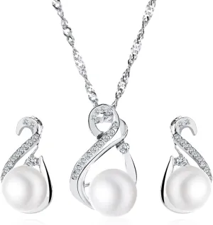 YienDoo Bridal Pearl Crystal Jewelry Set Zirconia Rhinestone Pearl Pendant Necklace Dangle Drop Pearl Earring Set Silver Wedding Jewelry Set for Women