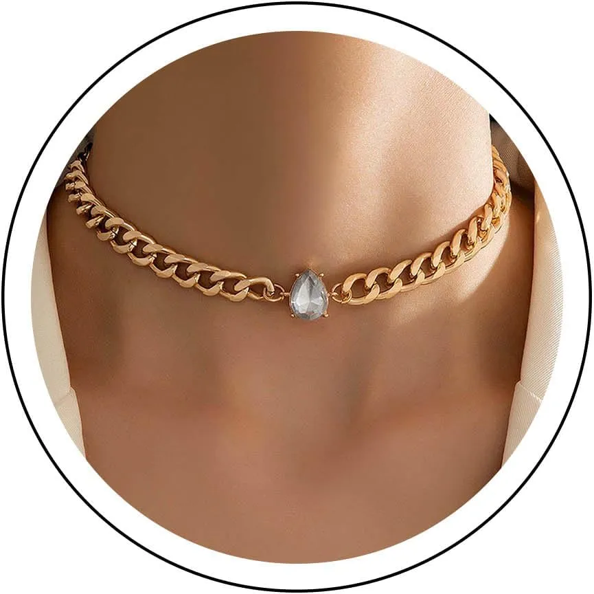 YienDoo Gold Cuban Link Chain Choker Necklace Vintage Teardrop Rhinestone Pendant Necklace Punk Chunky Clavicle Chain Choker Statement Rock Thick Necklace Jewelry for Women and Girls