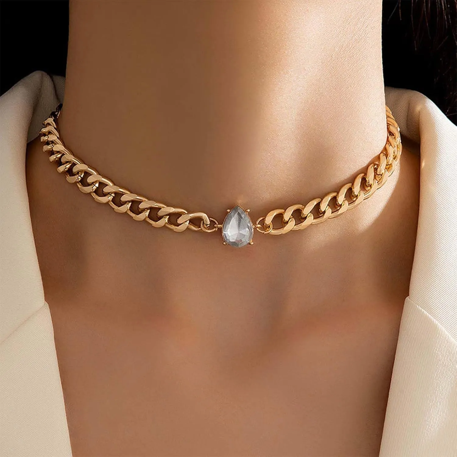 YienDoo Gold Cuban Link Chain Choker Necklace Vintage Teardrop Rhinestone Pendant Necklace Punk Chunky Clavicle Chain Choker Statement Rock Thick Necklace Jewelry for Women and Girls