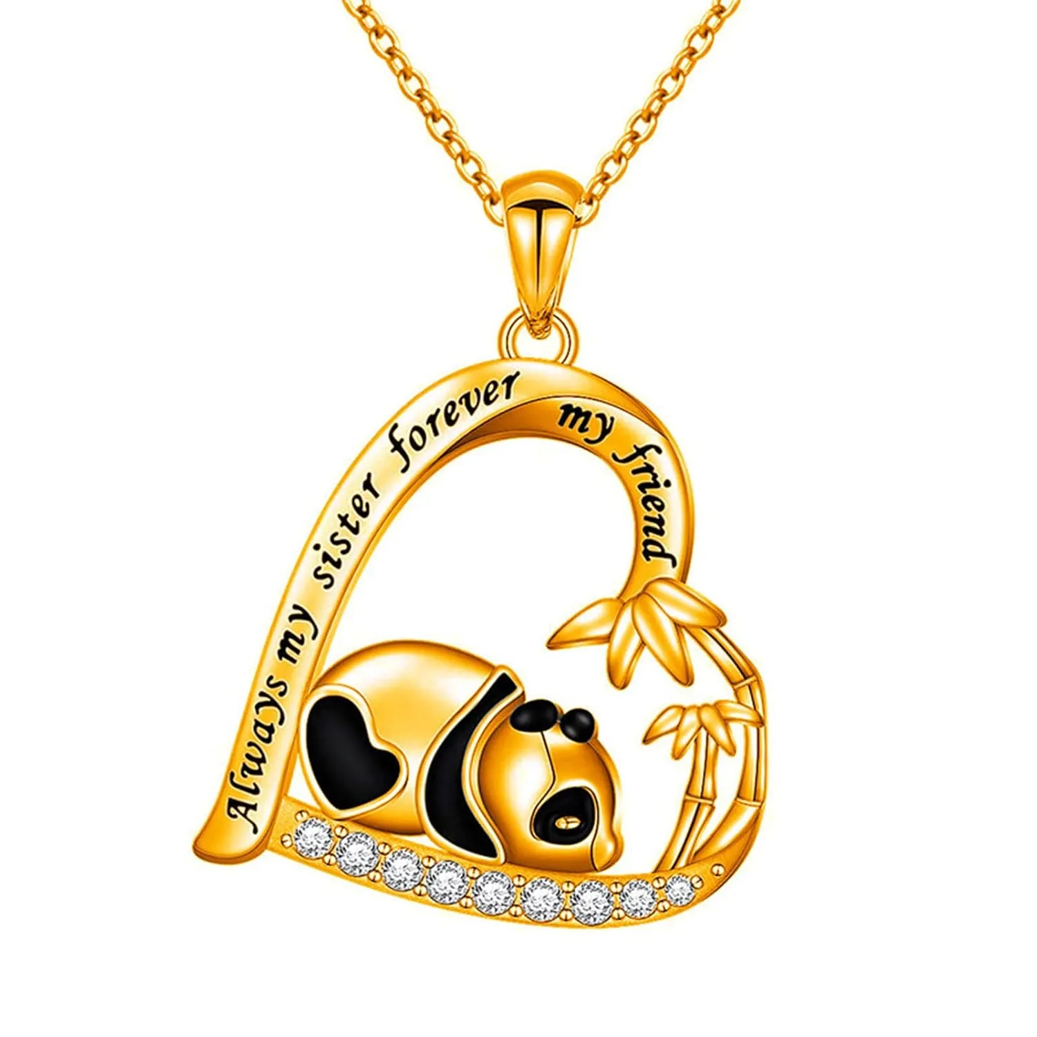 YienDoo Silver Crystal Panda Necklace Choker Vintage Heart Panda and Bamboo Pendant Cute Animal Necklace Charm Jewelry Always My Sister Forever My Friend Birthday Gifts for Kids Women and Girls