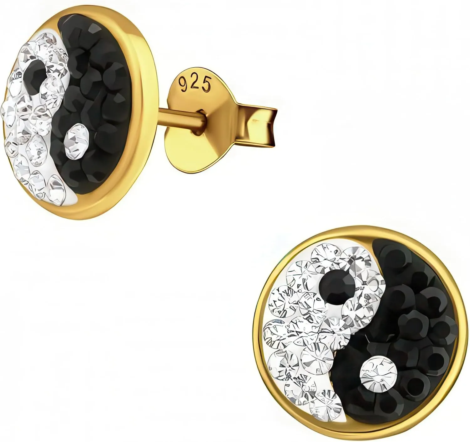 Yin Yang 925 Sterling Silver Gold-Plated Stud Earrings, Dainty Crystal Accents, Black and White Minimalist Jewelry