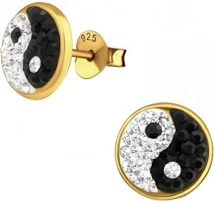 Yin Yang 925 Sterling Silver Gold-Plated Stud Earrings, Dainty Crystal Accents, Black and White Minimalist Jewelry