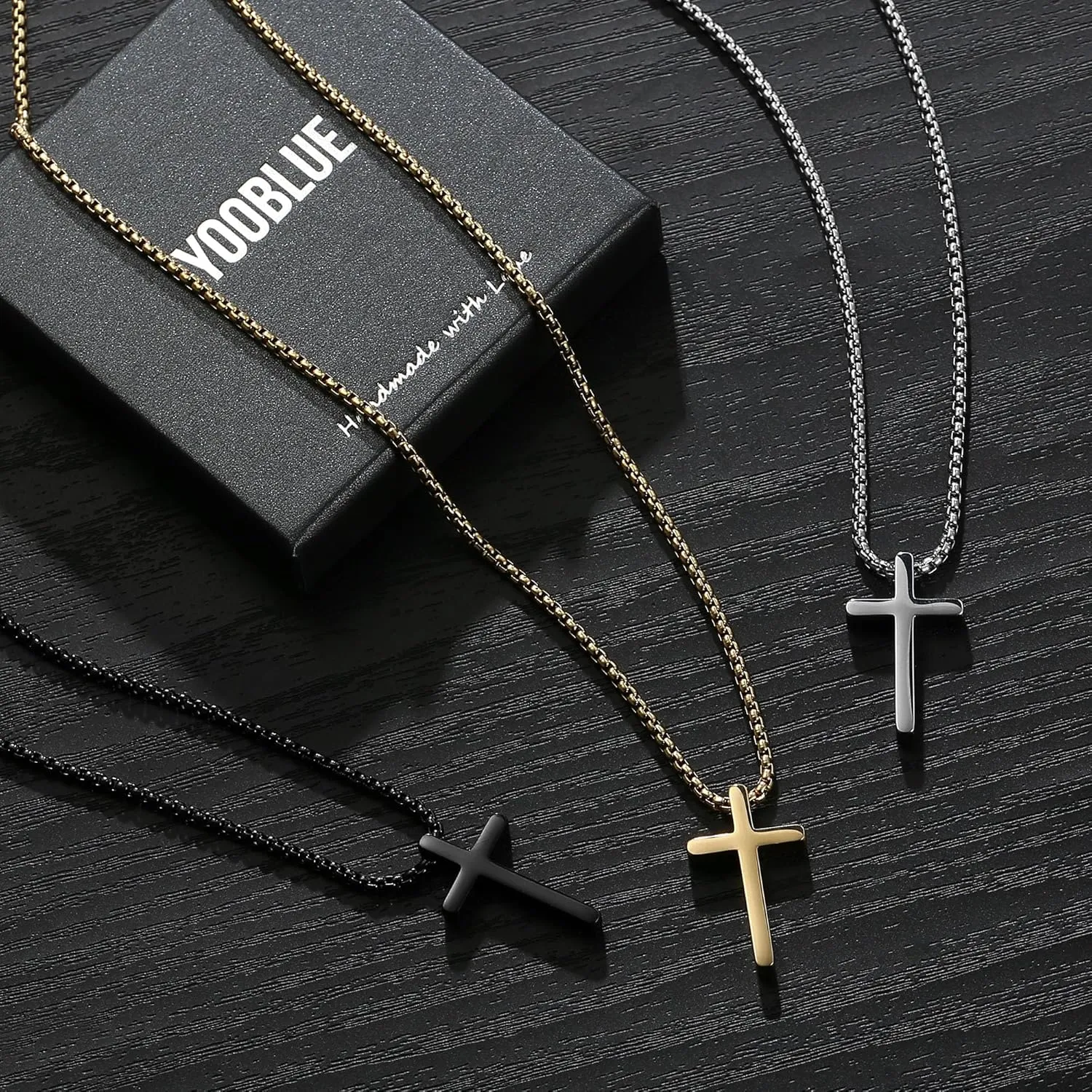 Yooblue 2/3 Pcs Cross Necklace for Men, Silver Black Gold Cross Chain Necklace, Stainless Steel Cross Pendant Jewelry Gifts for Men 16-30 Inches