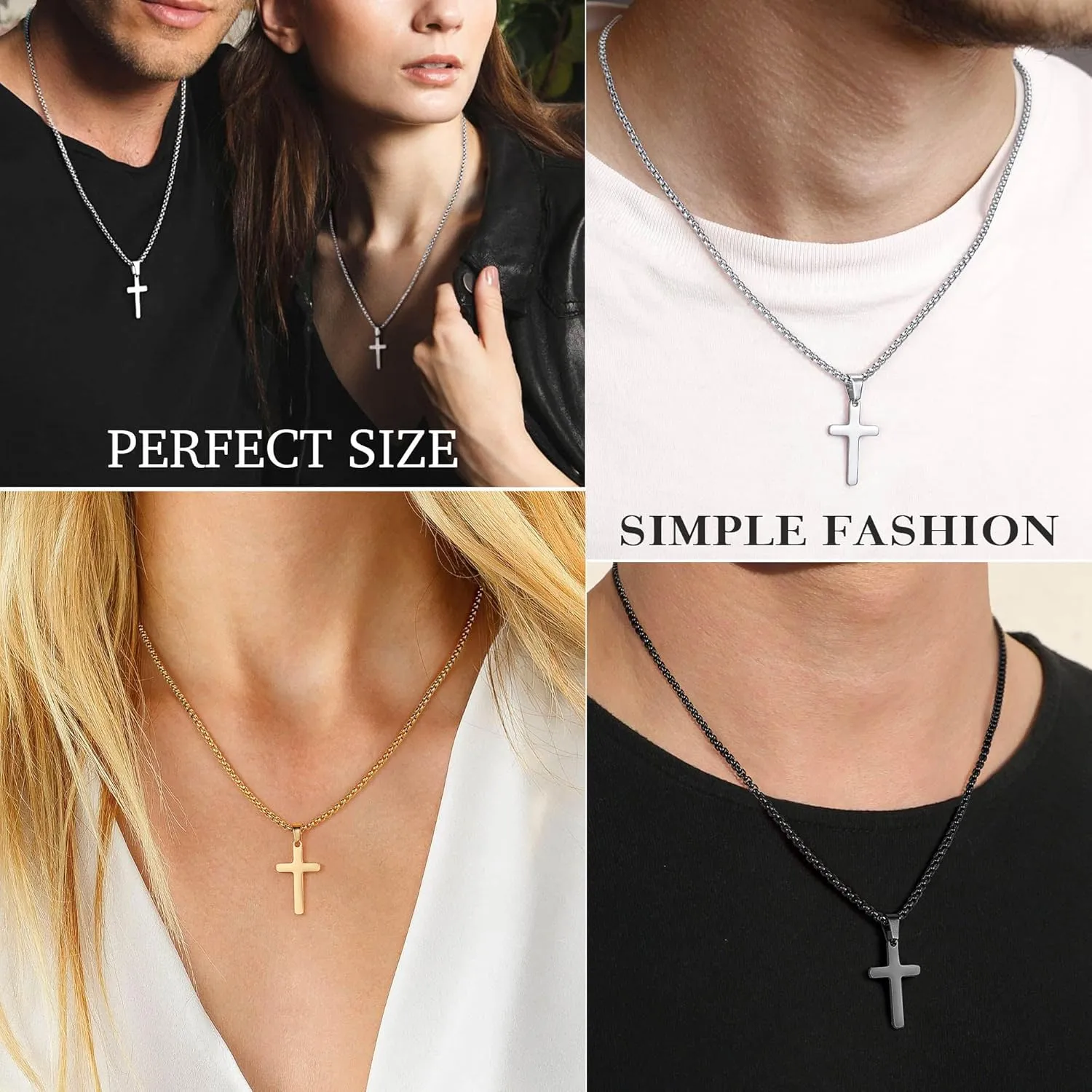 Yooblue Cross Necklace for Men - 2Pcs, 3Pcs Silver Black Gold Stainless Steel Cross Pendant Necklace for Men Women Teen Boys Jewelry Gifts