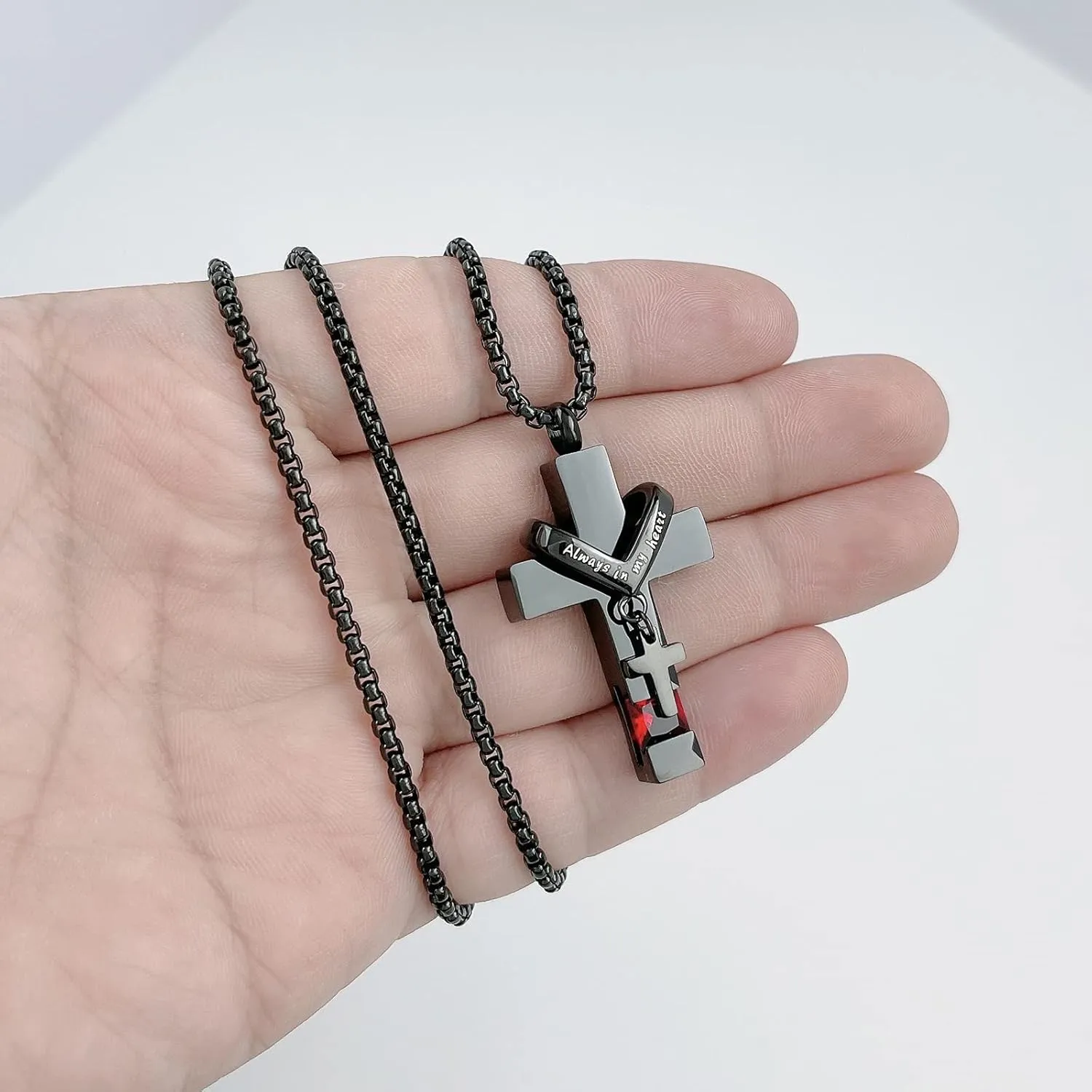 YOUFENG 3 Pieces Cremation Urn Necklaces for Ashes Keepsake Cremation Jewelry Cross Round Bar Birthstone Crystal Stainless Steel Memorial Pendant for Women Men