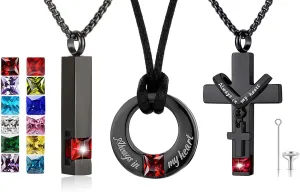 YOUFENG 3 Pieces Cremation Urn Necklaces for Ashes Keepsake Cremation Jewelry Cross Round Bar Birthstone Crystal Stainless Steel Memorial Pendant for Women Men