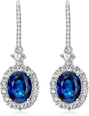 YUNKAI Simulated Ruby/Sapphire Dangle Earrings Sterling Silver, Oval Cut Lab Created Gemstone Drop Hook Earring Halo with Cubic Zirconia, Jewelry Gift for Birthday Christmas, 4Ct/Pair (7x9mm)