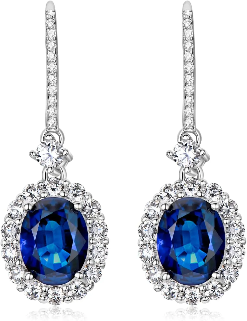 YUNKAI Simulated Ruby/Sapphire Dangle Earrings Sterling Silver, Oval Cut Lab Created Gemstone Drop Hook Earring Halo with Cubic Zirconia, Jewelry Gift for Birthday Christmas, 4Ct/Pair (7x9mm)