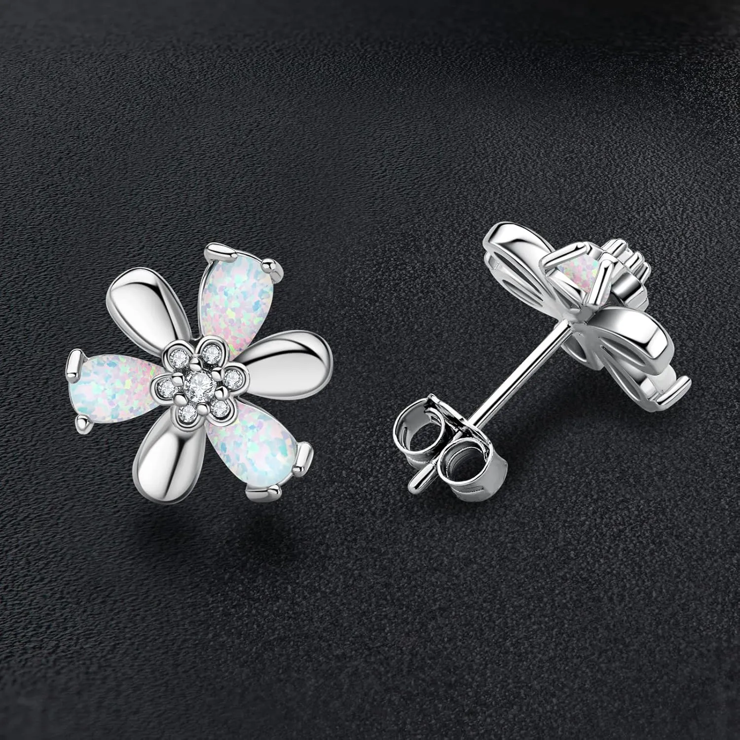 YUNKAI Sterling Silver Opal Flower Stud Earrings - Hypoallergenic Birthstone Jewelry Gifts for Birthday, Christmas