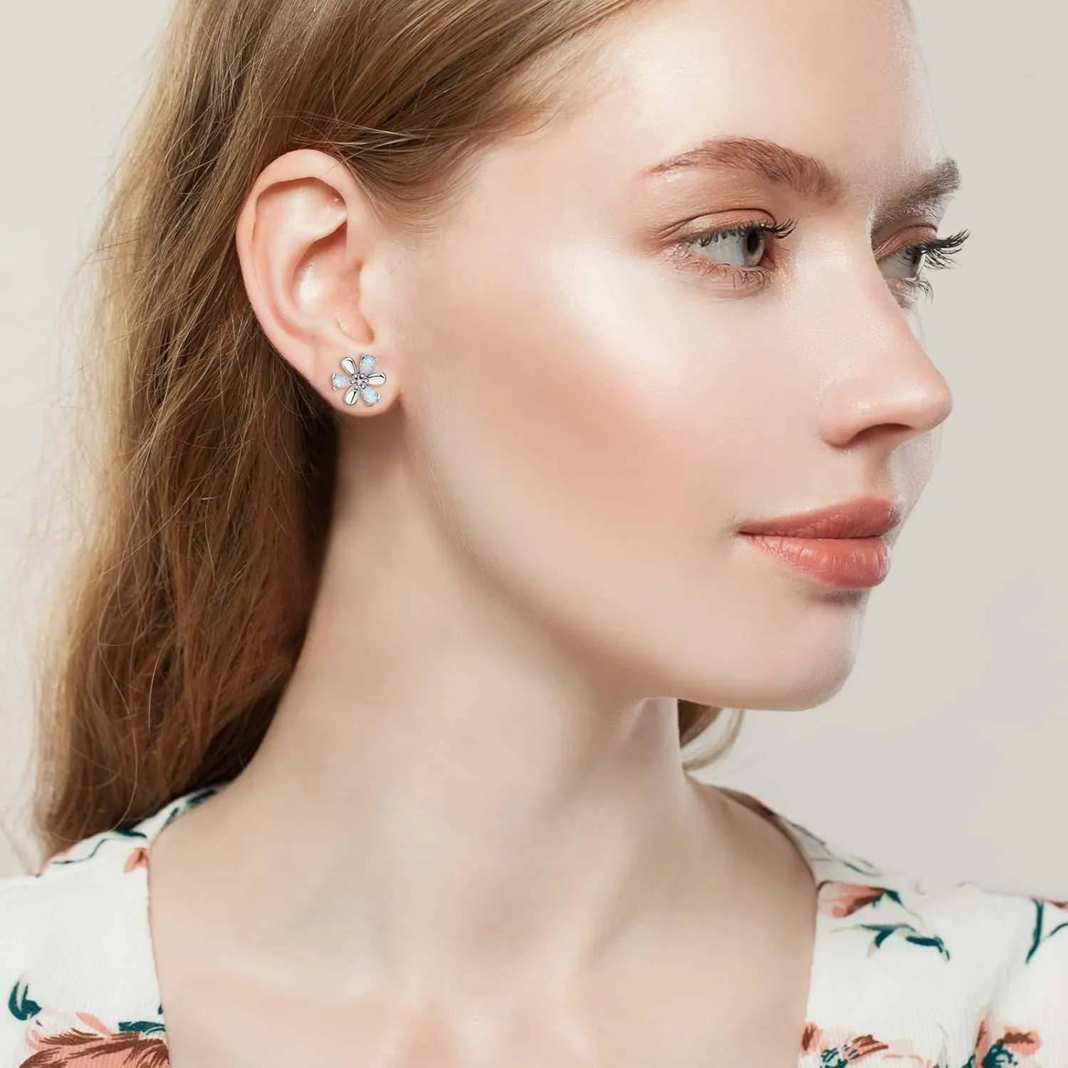 YUNKAI Sterling Silver Opal Flower Stud Earrings - Hypoallergenic Birthstone Jewelry Gifts for Birthday, Christmas