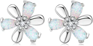YUNKAI Sterling Silver Opal Flower Stud Earrings - Hypoallergenic Birthstone Jewelry Gifts for Birthday, Christmas