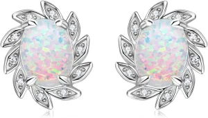 YUNKAI Sterling Silver Opal Stud Earrings for Women, Birthstone Stud Earrings, Oval/Round Shape Opal Earrings Hypoallergenic Jewelry Gift for Birthday Christmas