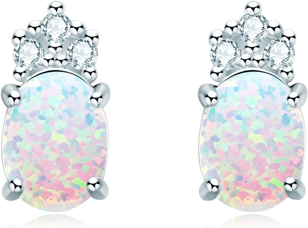 YUNKAI Sterling Silver Opal Stud Earrings for Women, Birthstone Stud Earrings, Oval/Round Shape Opal Earrings Hypoallergenic Jewelry Gift for Birthday Christmas