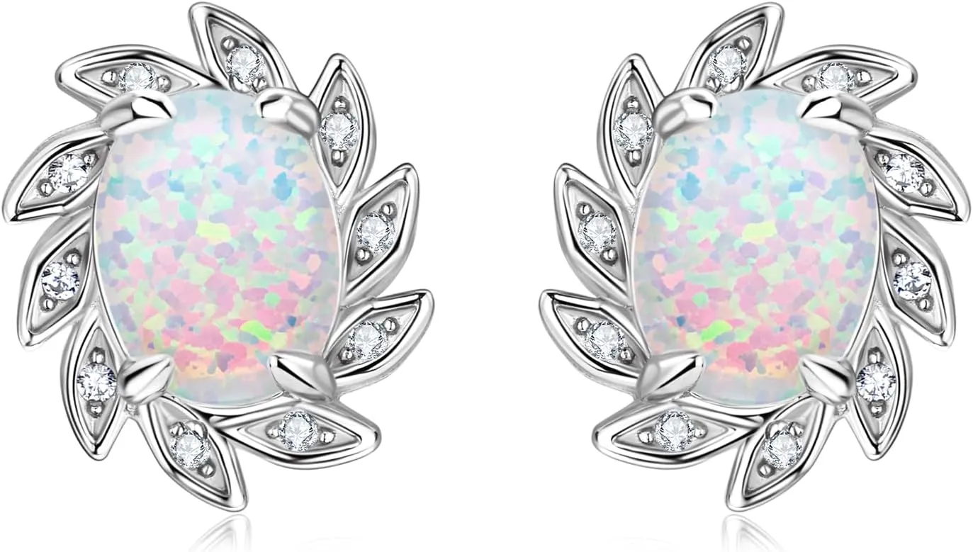 YUNKAI Sterling Silver Opal Stud Earrings for Women, Birthstone Stud Earrings, Oval/Round Shape Opal Earrings Hypoallergenic Jewelry Gift for Birthday Christmas