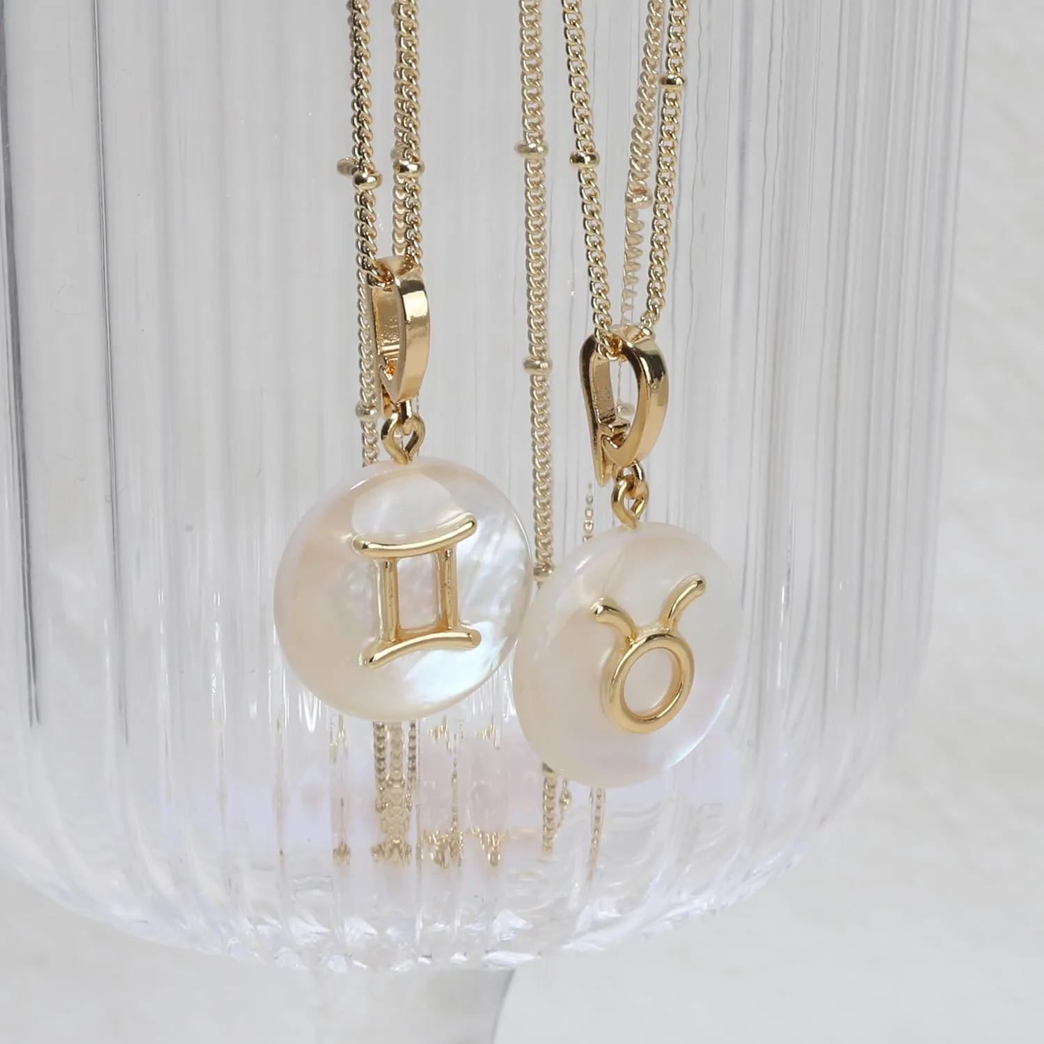 Zodiac Gold Sign on White Pearl & Shell Necklace - 2 Layered & Separate Chain with Dainty Disc Shell Pendant, Featuring 12 Constellations, Perfect Jewelry for Birthday Gifts