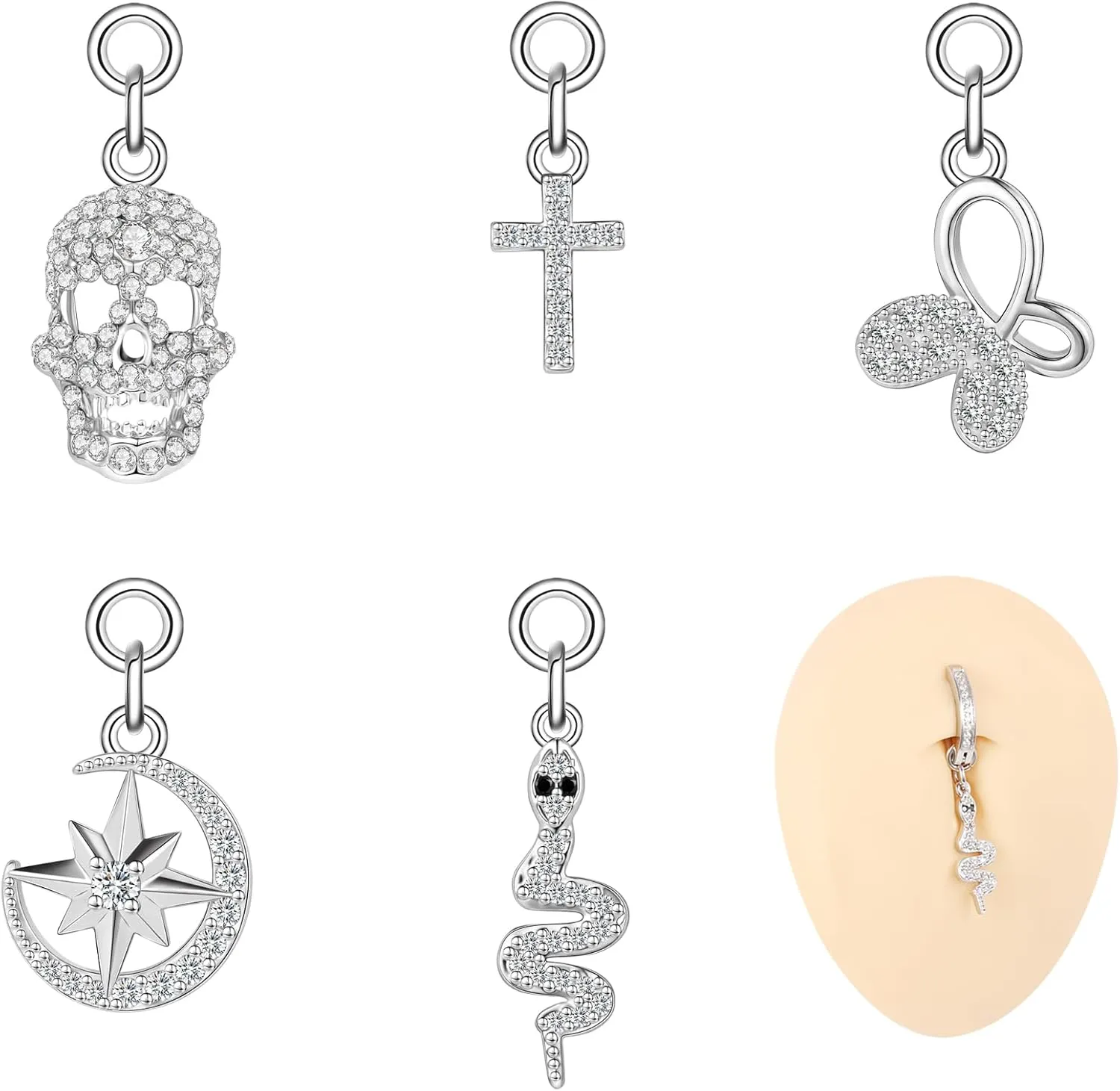 ZS 14G Clicker Belly Button Rings for Women, 925 Sterling Silver Belly Barbell Piercing Simulated Diamonds Rivet Reverse Curved Navel Barbell Body Jewelry