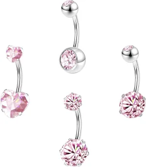 ZS 4pcs Cubic Zircon Belly Button Ring, 14G Stainless Steel Belly Ring, Long Bar Navel Barbell Stud, Navel Piercing Jewelry for Women