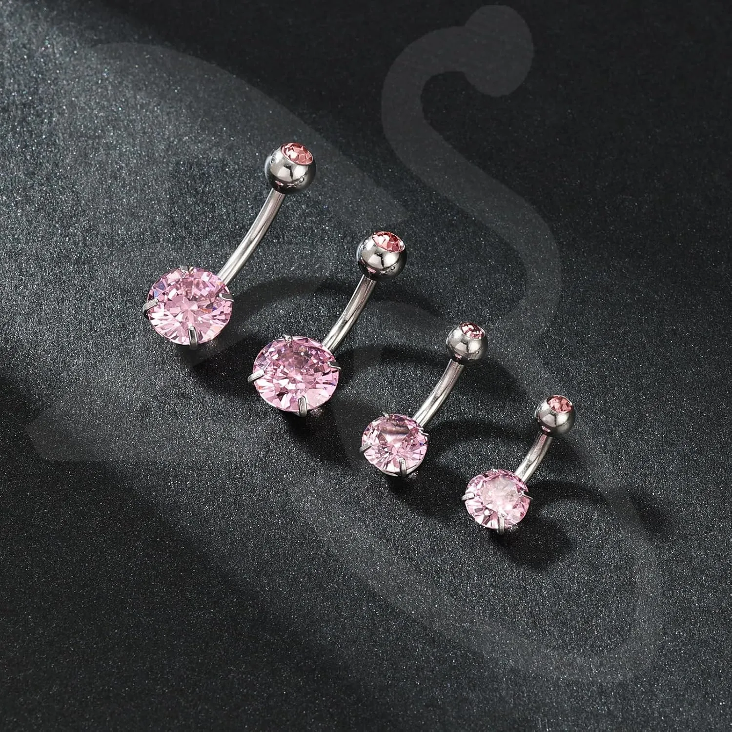 ZS 4pcs Cubic Zircon Belly Button Ring, 14G Stainless Steel Belly Ring, Long Bar Navel Barbell Stud, Navel Piercing Jewelry for Women