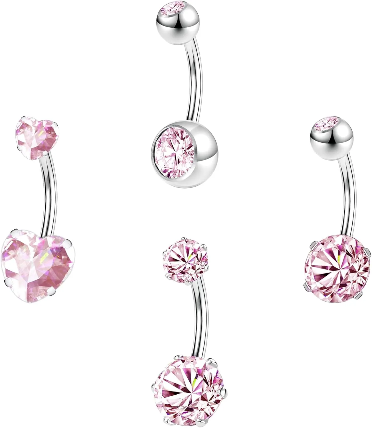 ZS 4pcs Cubic Zircon Belly Button Ring, 14G Stainless Steel Belly Ring, Long Bar Navel Barbell Stud, Navel Piercing Jewelry for Women