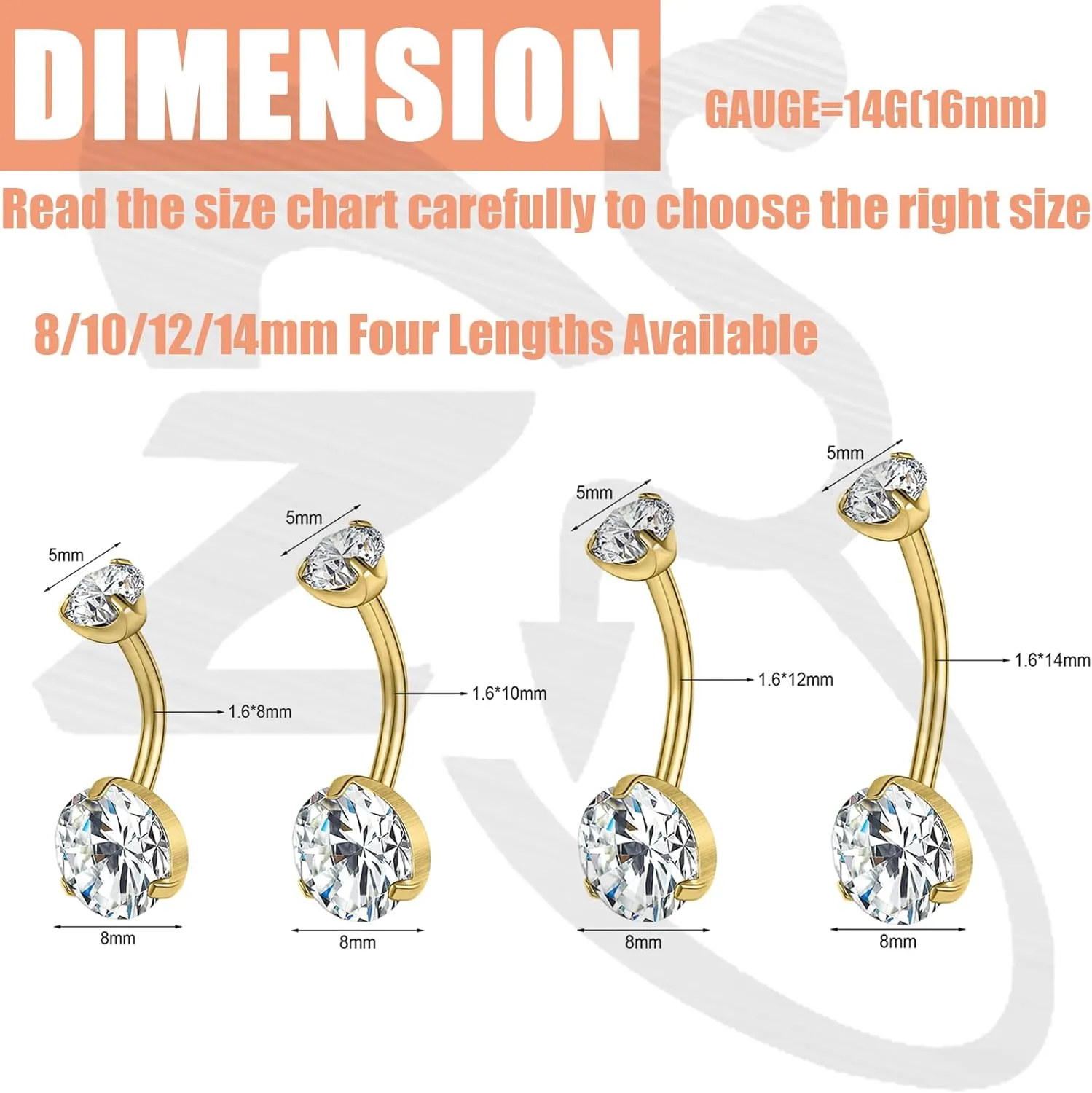 ZS ASTM F136 Solid Titanium Belly Button Ring, 14G Cubic Zircon Navel Ring Navel Piercing, Internally Threaded Navel Barbell Stud Long Bar Body Piercing Jewelry for Women