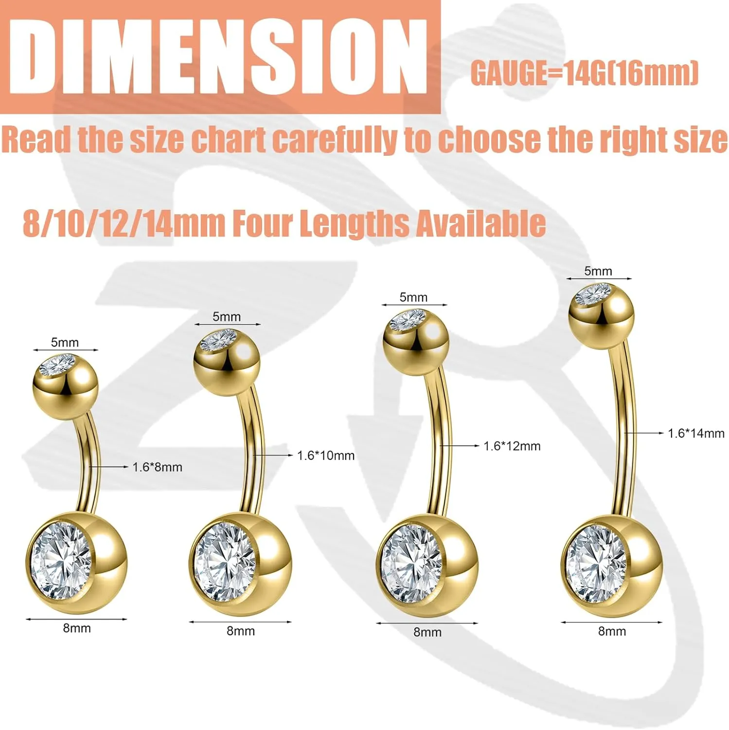 ZS ASTM F136 Solid Titanium Belly Button Ring, 14G Cubic Zircon Navel Ring Navel Piercing, Internally Threaded Navel Barbell Stud Long Bar Body Piercing Jewelry for Women